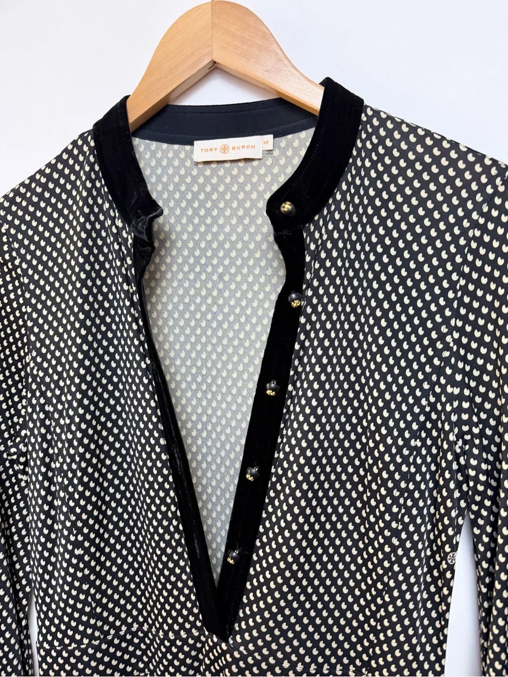 Tory Burch Anja Midi Dress Black Velvet Jazz Dot Long Sleeve Small $598